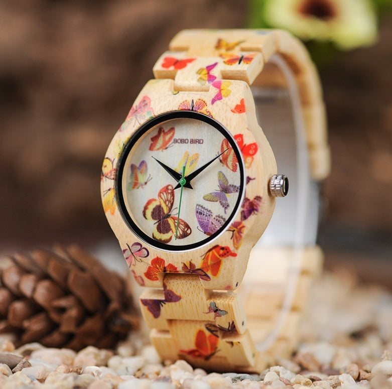 Whimsical Beauty: Butterfly Design Bamboo Wristwatch