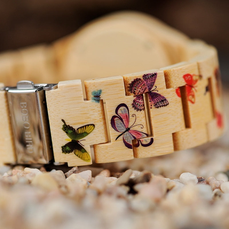 Whimsical Beauty: Butterfly Design Bamboo Wristwatch