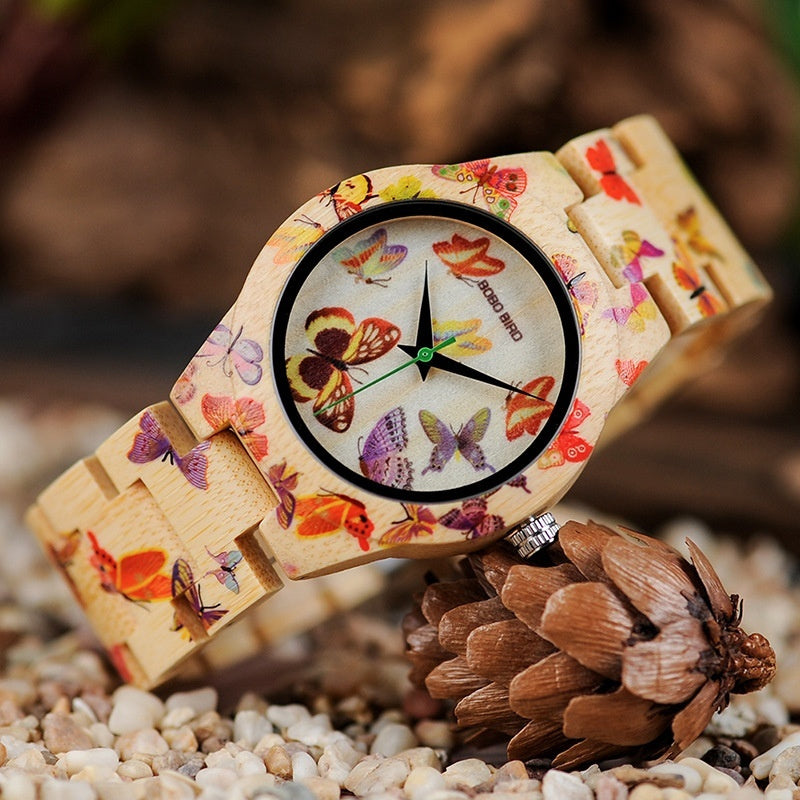 Whimsical Beauty: Butterfly Design Bamboo Wristwatch