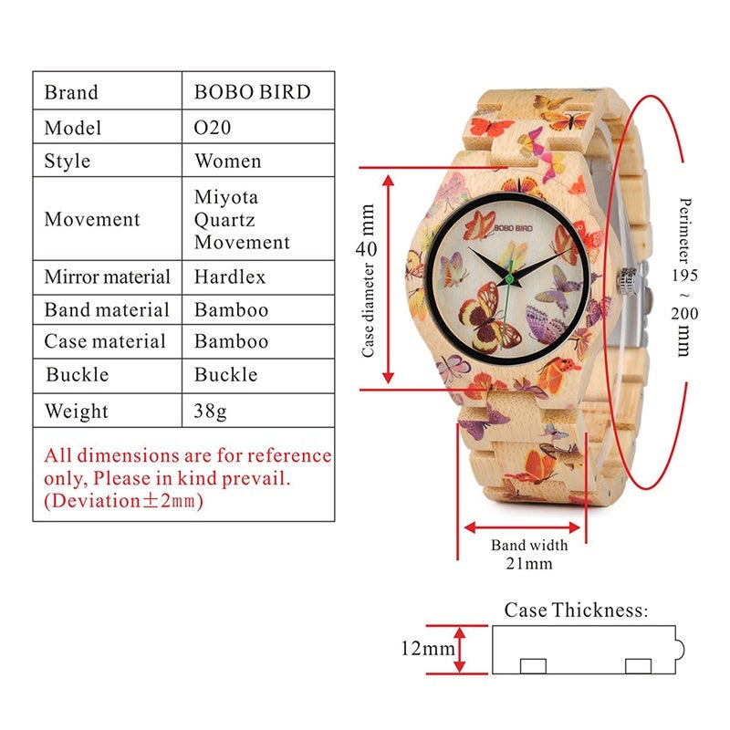 Whimsical Beauty: Butterfly Design Bamboo Wristwatch