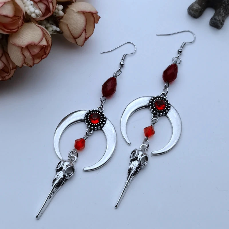 Gothic Crow Skull Earrings: Edgy Elegance with Crystal Accents
