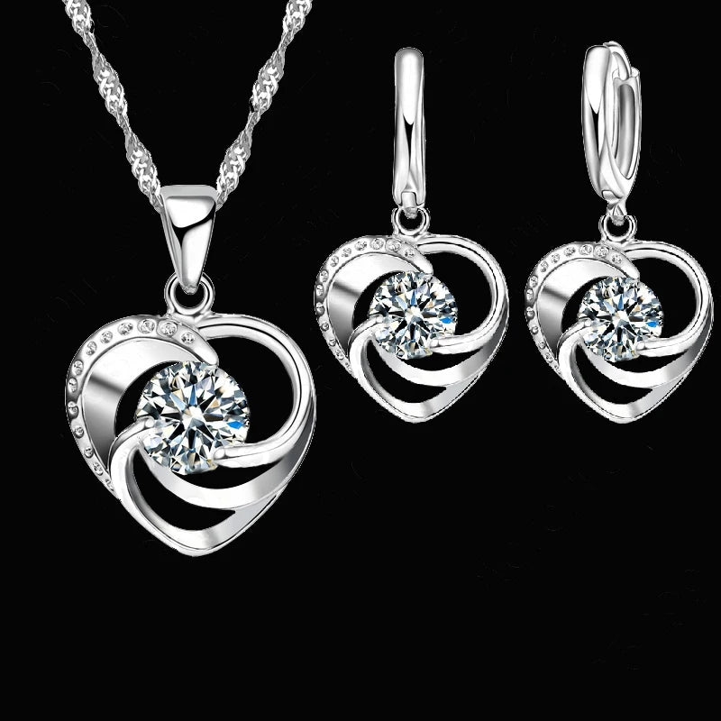 Eternal Love: 925 Sterling Silver Heart Necklace and Earrings Set
