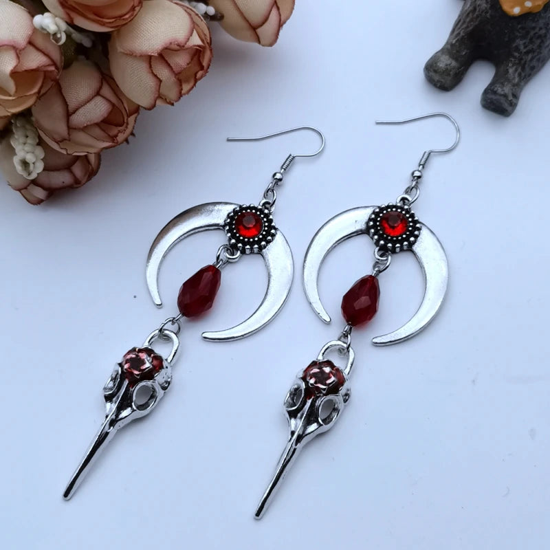 Gothic Crow Skull Earrings: Edgy Elegance with Crystal Accents