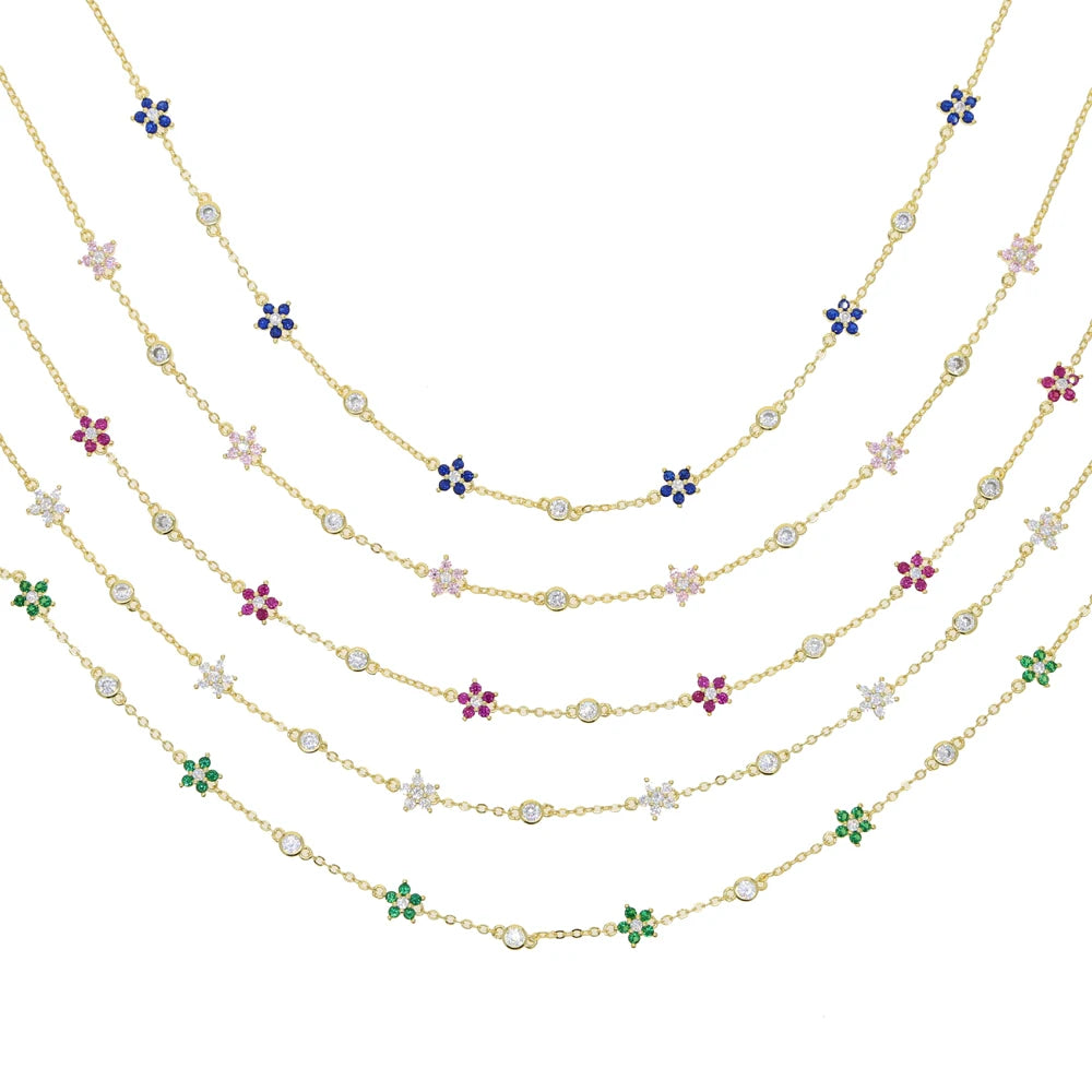 Spring Blossom: Colorful CZ Stone Flower Charm Necklace