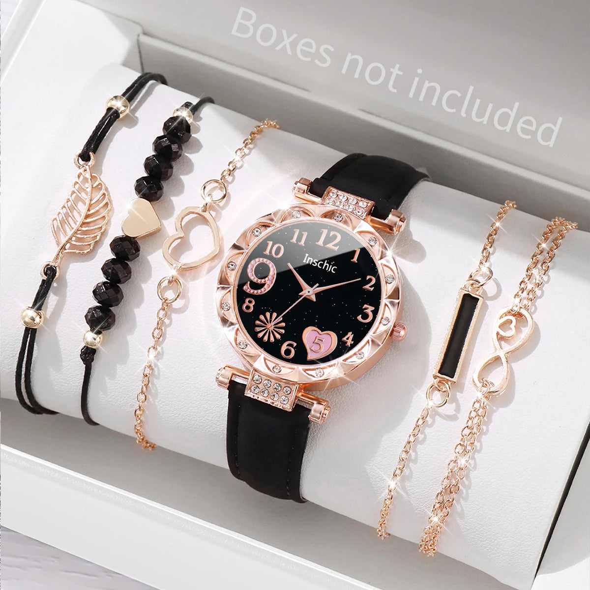 Charming Heart Dial Watch Set: Casual Elegance with Leaf Bracelets