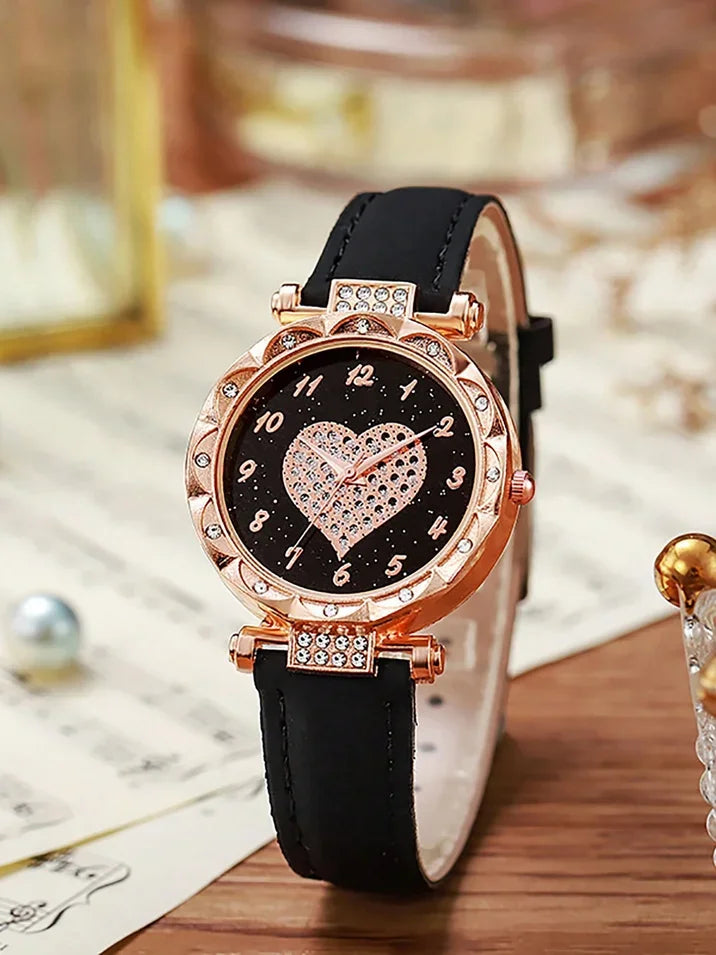 Elegant Heart Dial Watch Set: Sparkling Style with Rhinestone Accents