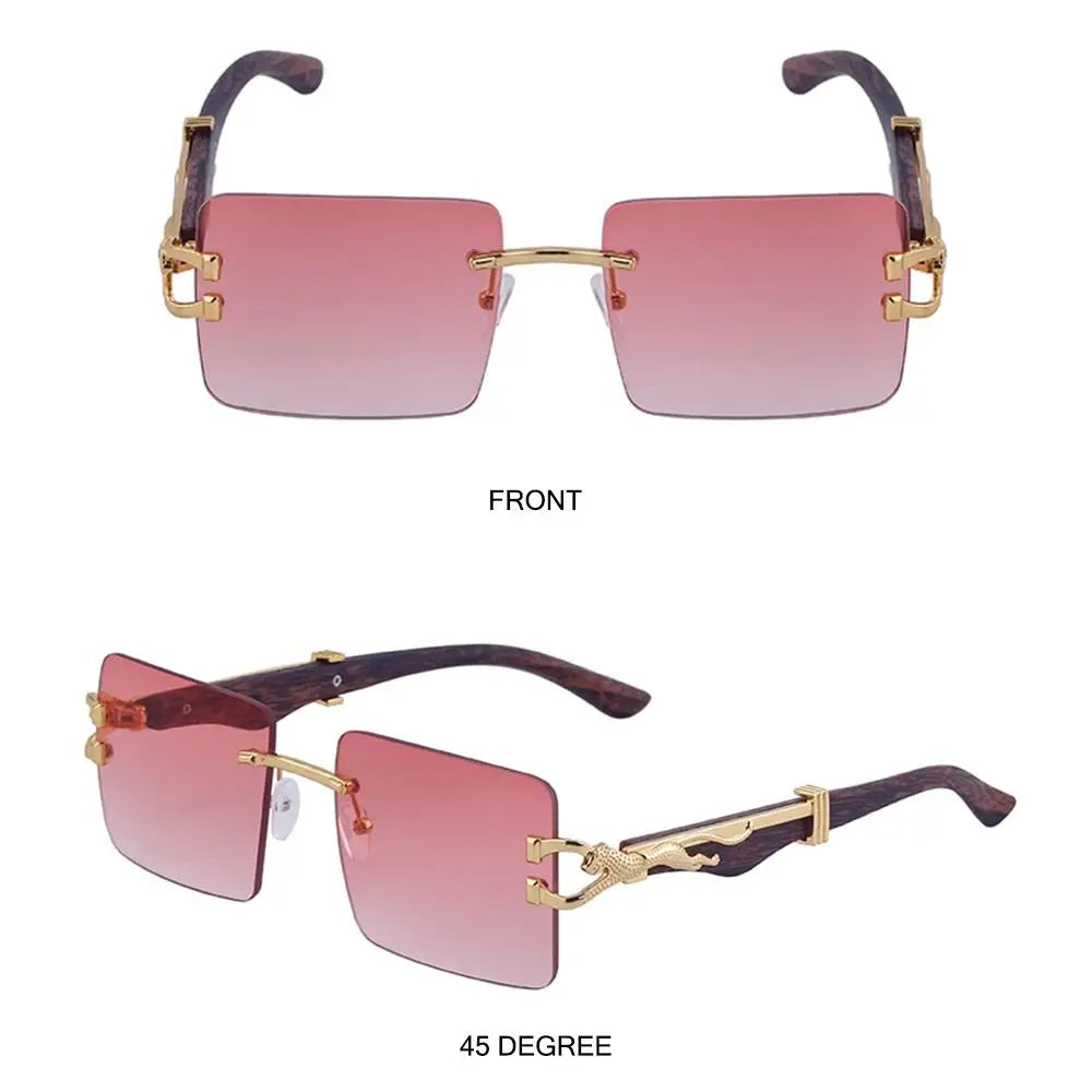 Unisex Wooden Cheetah Head Sunglasses: Vintage Rimless Style with UV Protection