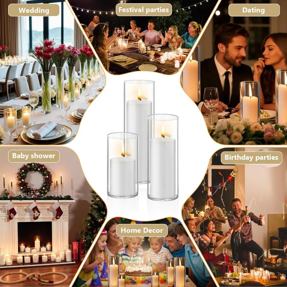 Elegant Wind-Resistant Candle & Holder Set: 12-Piece Pillar Candles with Glass Vases for Timeless Decor