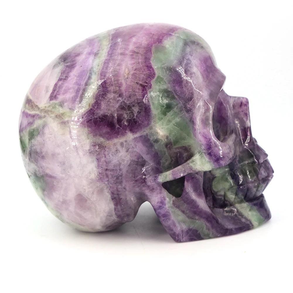 140mm Color Fluorite Skull Statue Natural Stone Carving Healing Crystal Craft Gemstone Carved Figurine Home Decor Halloween Gift