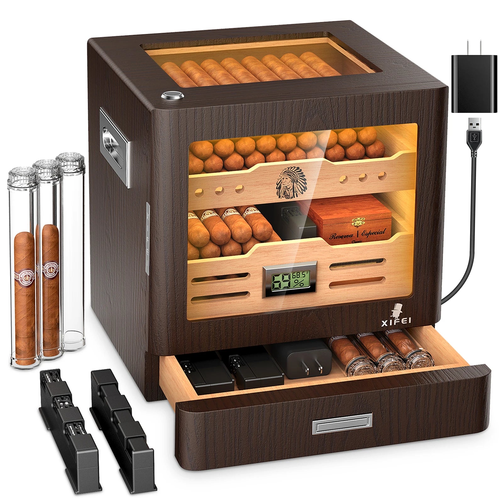 Elegant Desktop Humidor with Lighting: Ideal for Up to 100 Cigars