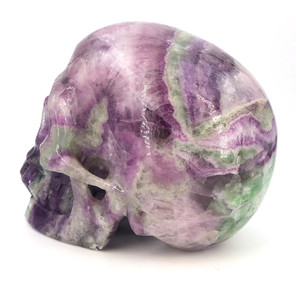 140mm Color Fluorite Skull Statue Natural Stone Carving Healing Crystal Craft Gemstone Carved Figurine Home Decor Halloween Gift