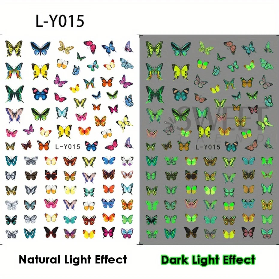 Glow-In-The-Dark Nail Decals: 3pcs Butterfly Design for Creative Manicures