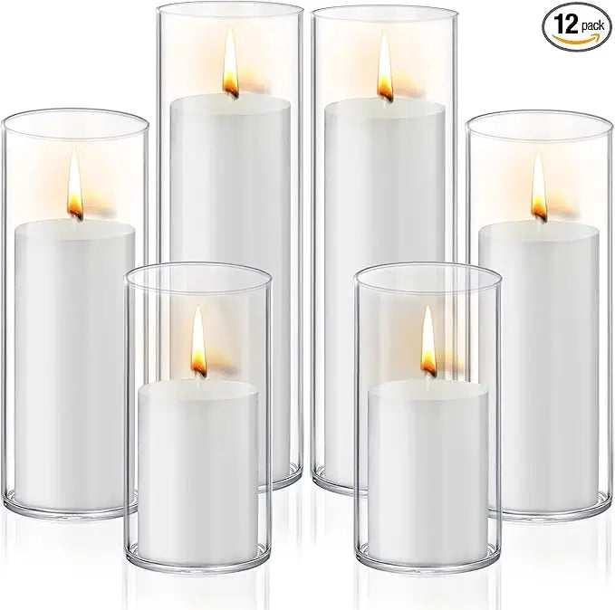 Elegant Wind-Resistant Candle & Holder Set: 12-Piece Pillar Candles with Glass Vases for Timeless Decor