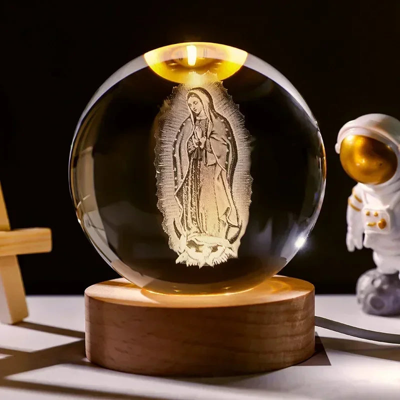 Illuminated Jesus and Virgin Mary Crystal Ball Set with Cross for Devotion rosarios catolicos  jesus christ