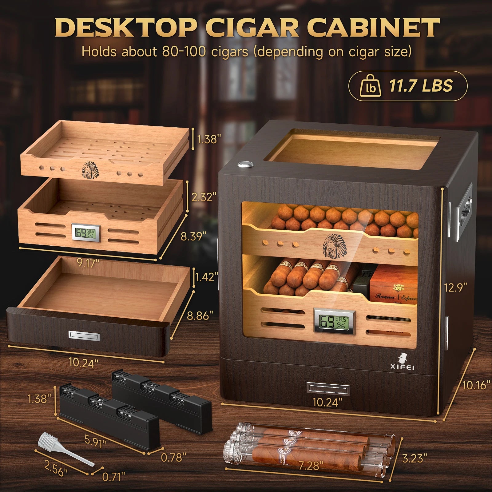 Elegant Desktop Humidor with Lighting: Ideal for Up to 100 Cigars
