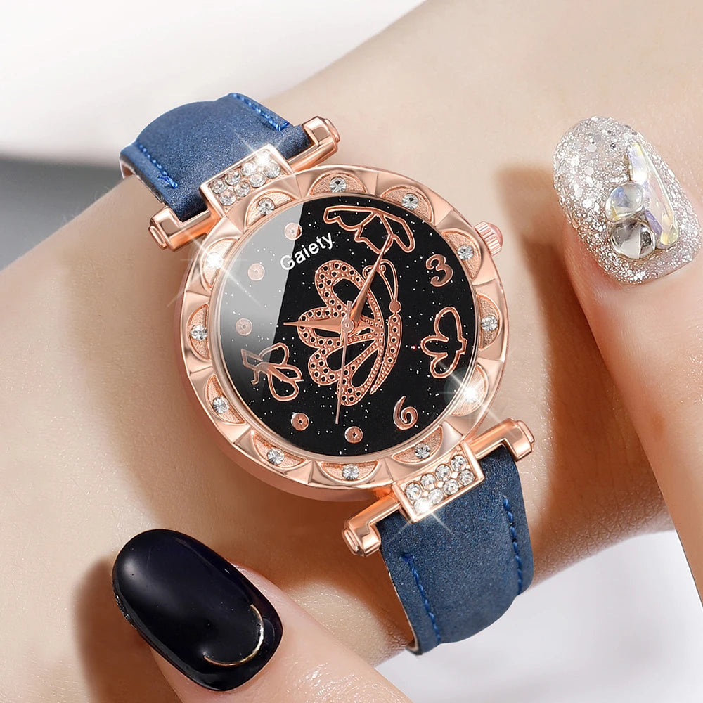 Charming Timepiece Set: 5-Piece Blue Women’s Watch Collection with Butterfly Dial