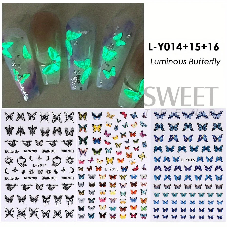Glow-In-The-Dark Nail Decals: 3pcs Butterfly Design for Creative Manicures