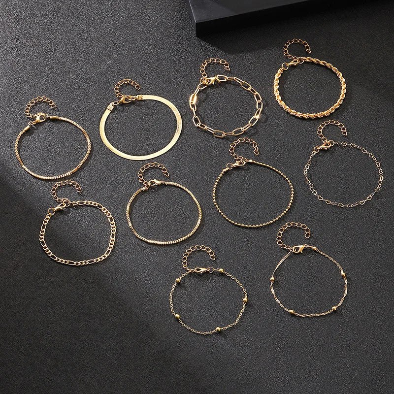 Summer Vibes Bracelet Set: 10-Piece Vintage Gold Chain Bracelets for Effortless Style