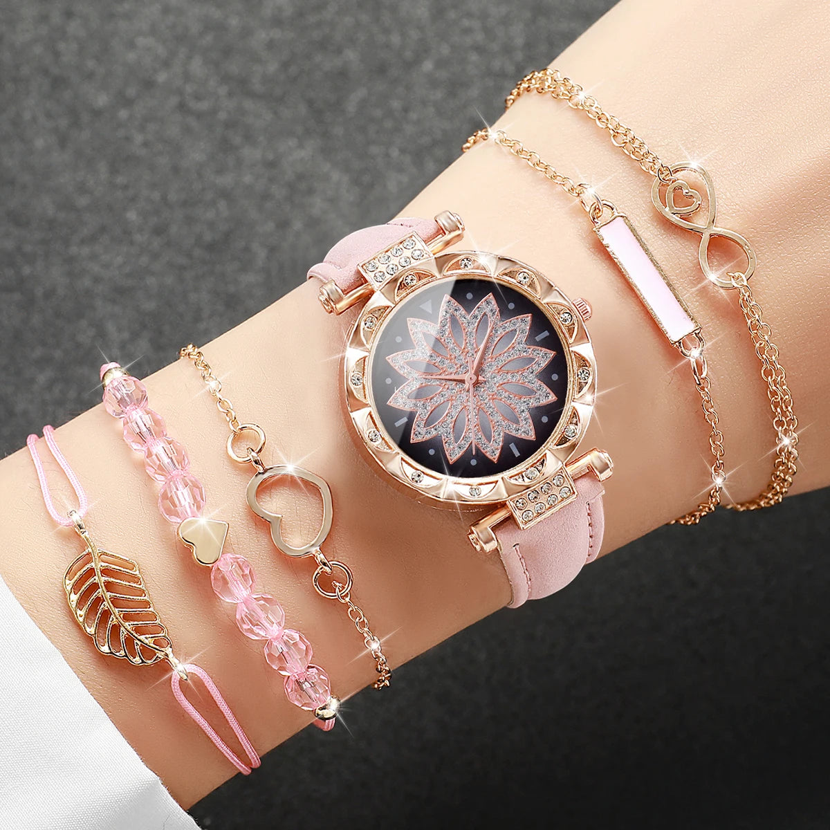 Charming Heart Dial Watch Set: Casual Elegance with Leaf Bracelets