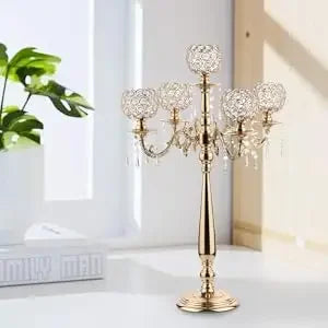 Elegant Gold Candle Holders: 5-Armed Crystal Candelabras for Memorable Events