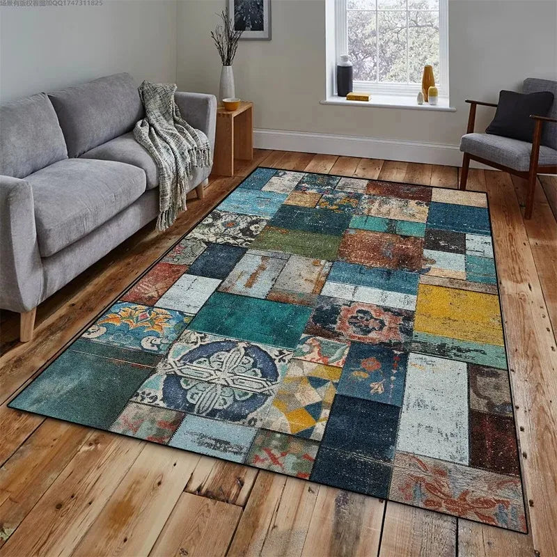 Retro Geometric Entrance Rug: Non-Slip Mat for Doorways and Entryways