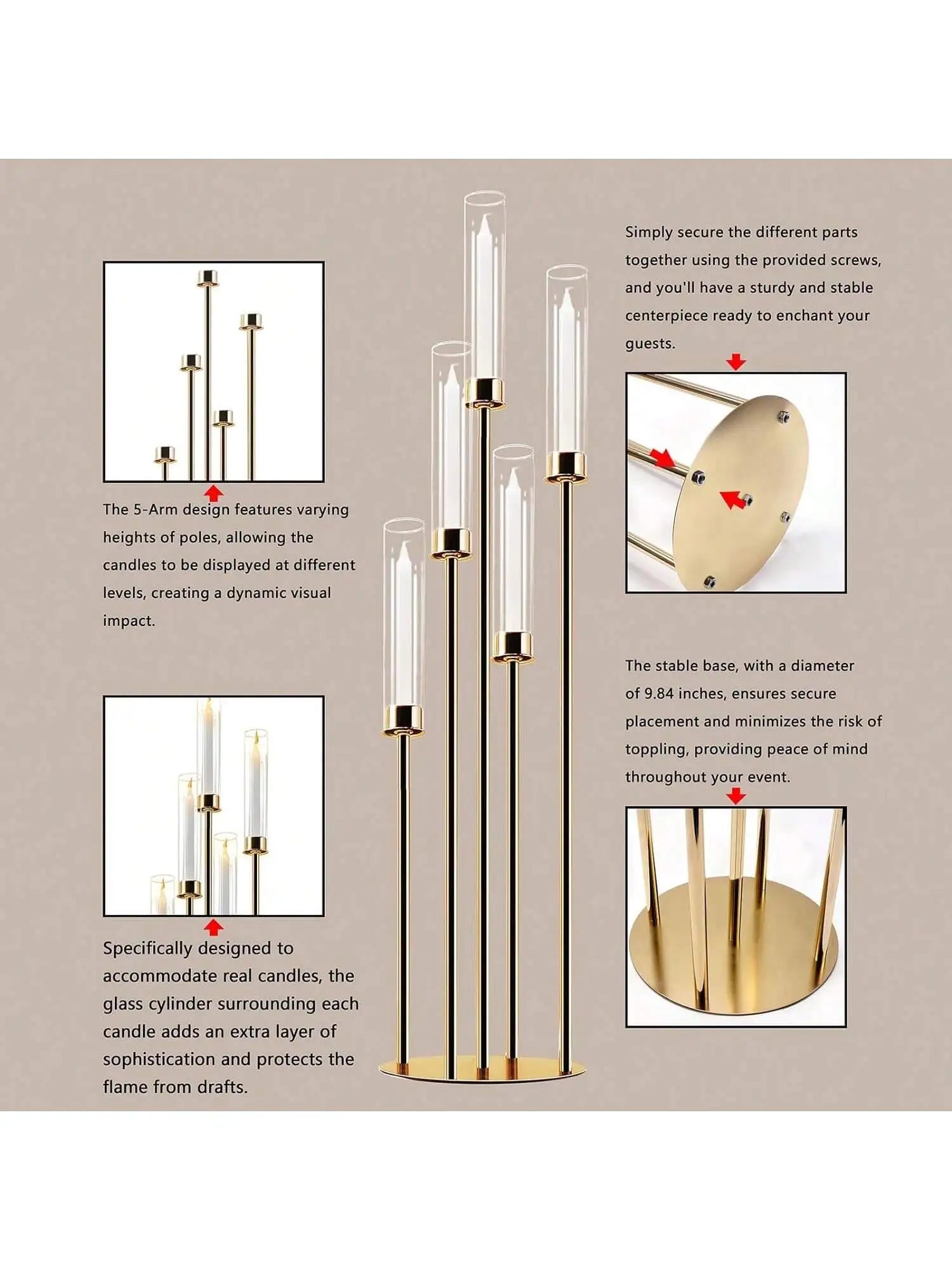 Elegant Gold Candle Display: 5-Arm Centerpiece for Special Events