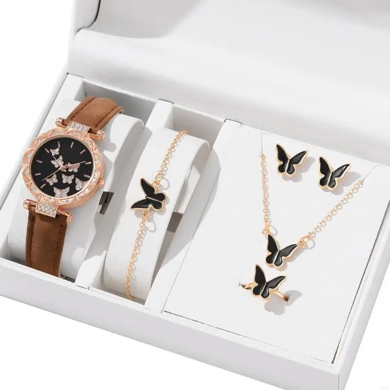 Glamorous Accessory Set: 5-Piece Women’s Luxury Watch and Jewelry Collection