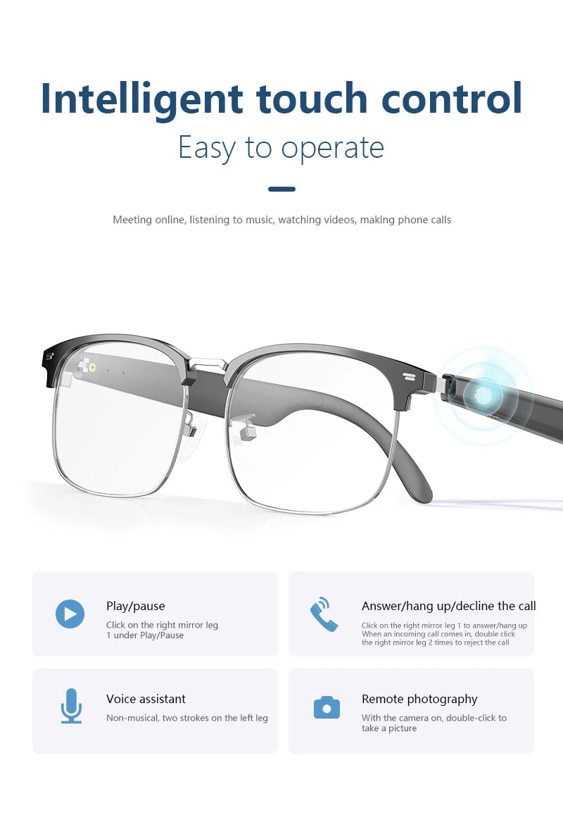 Intelligente Brille mit KI-Übersetzung, Bluetooth-Unterstützung für mehrere Sprachen, Farbwechsel, Musikwiedergabe und Telefonfunktion