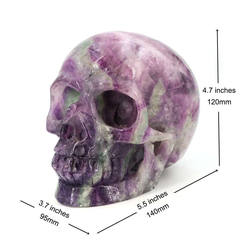 140mm Color Fluorite Skull Statue Natural Stone Carving Healing Crystal Craft Gemstone Carved Figurine Home Decor Halloween Gift