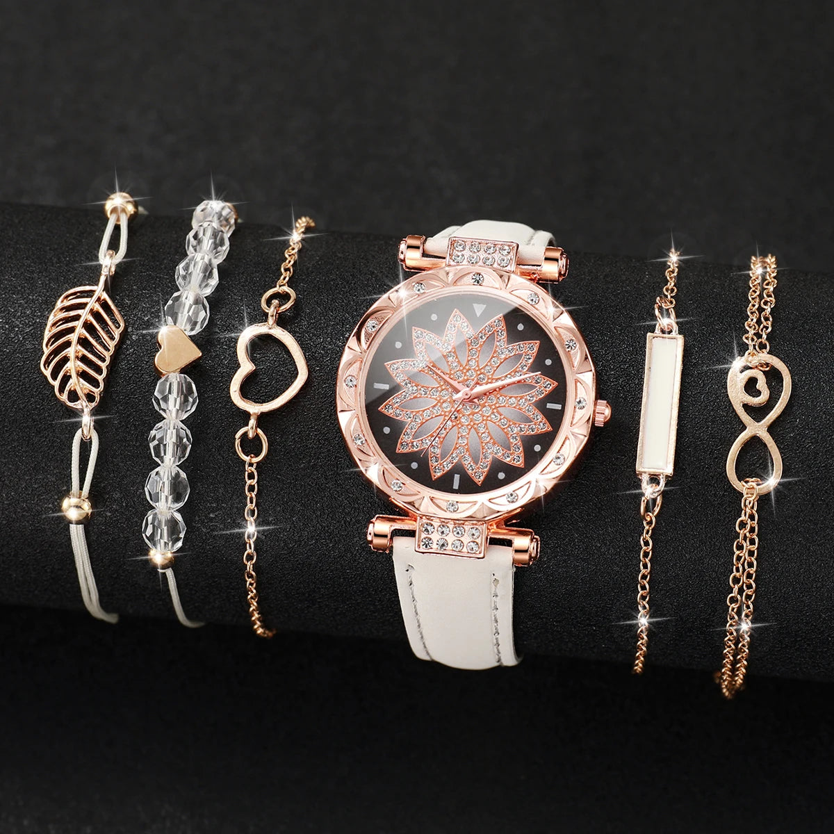 Charming Heart Dial Watch Set: Casual Elegance with Leaf Bracelets