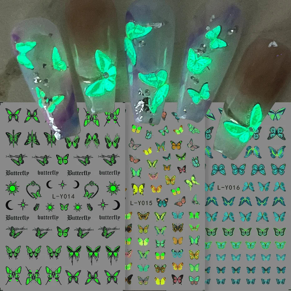 Glow-In-The-Dark Nail Decals: 3pcs Butterfly Design for Creative Manicures