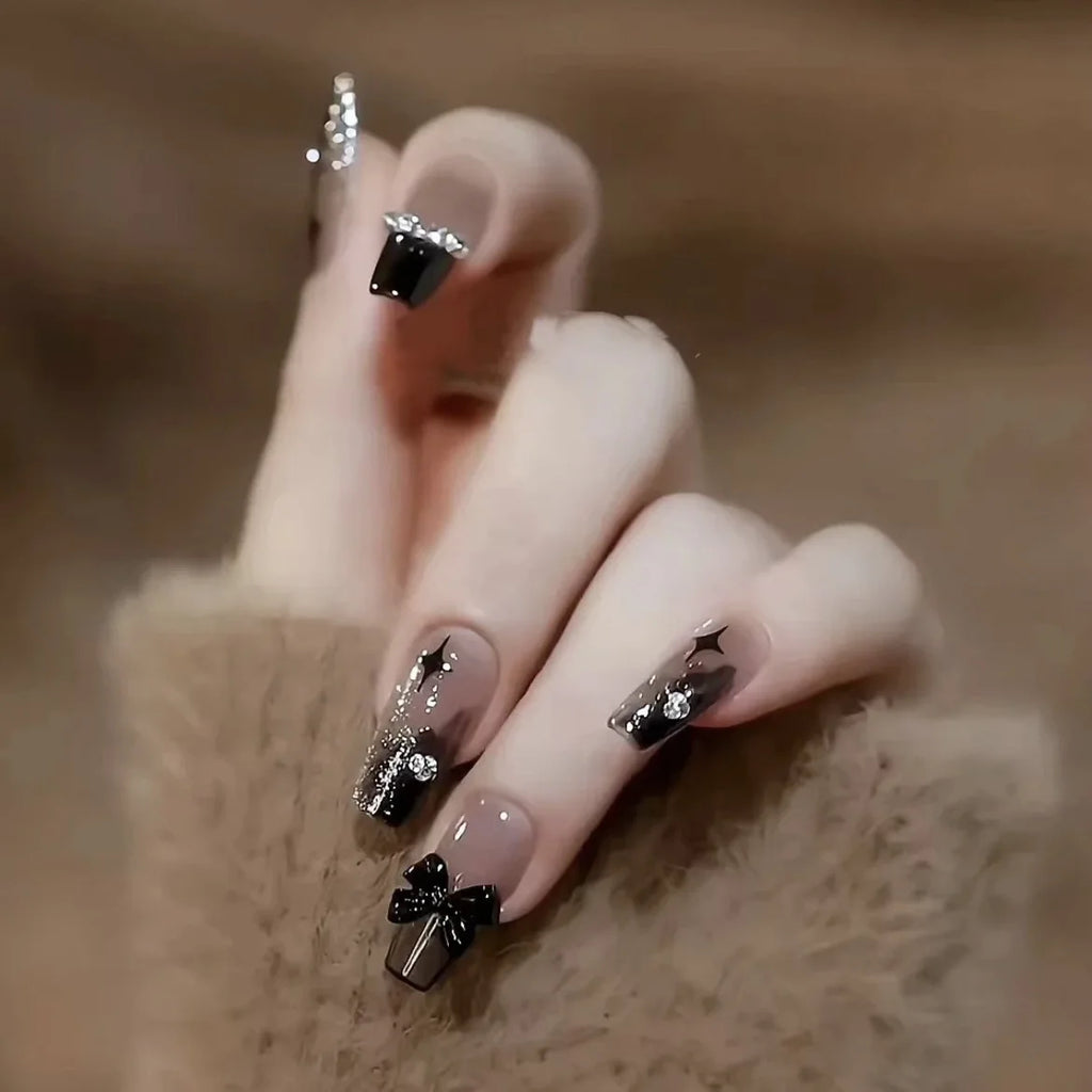 Spellbinding Nail Art: 24PCS Dark Wind Gradient Fake Nails Adorned with Mystical Bows