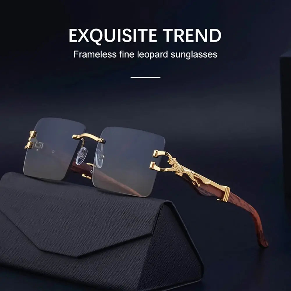 Unisex Wooden Cheetah Head Sunglasses: Vintage Rimless Style with UV Protection