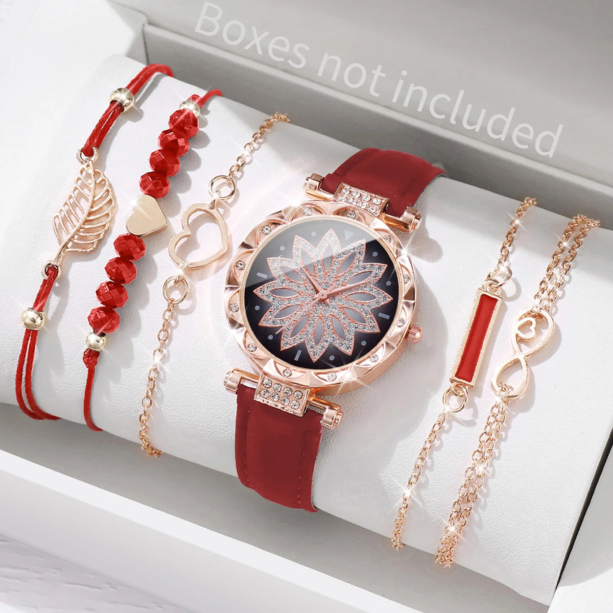 Charming Heart Dial Watch Set: Casual Elegance with Leaf Bracelets