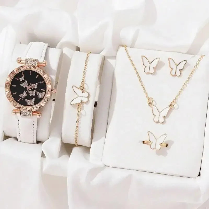 Glamorous Accessory Set: 5-Piece Women’s Luxury Watch and Jewelry Collection