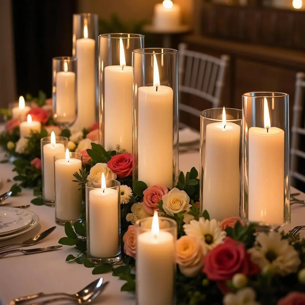 Elegant Wind-Resistant Candle & Holder Set: 12-Piece Pillar Candles with Glass Vases for Timeless Decor