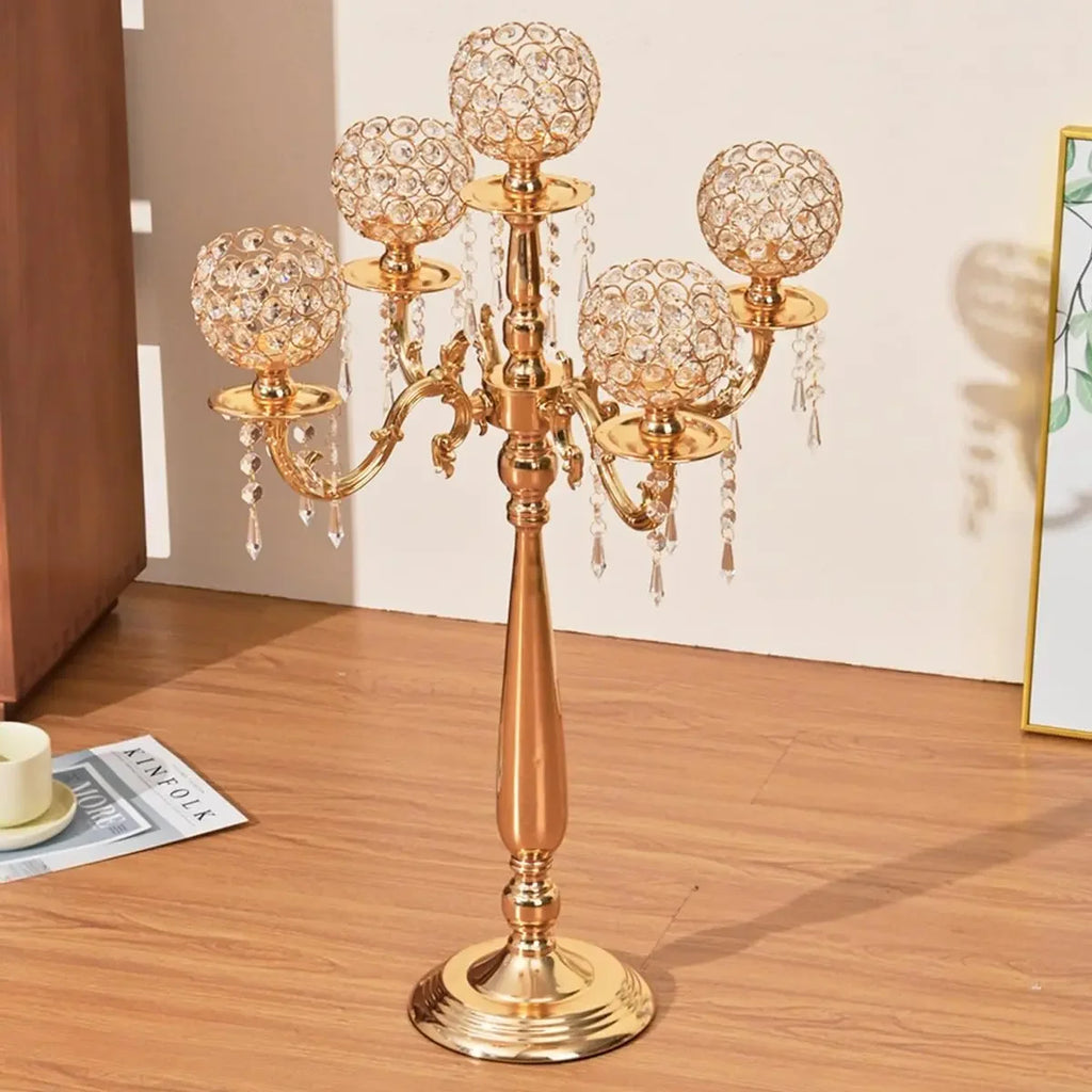 Elegant Gold Candle Holders: 5-Armed Crystal Candelabras for Memorable Events