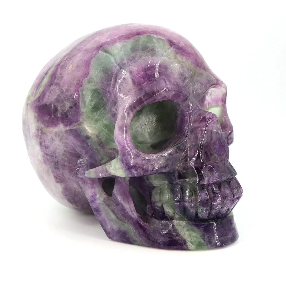140mm Color Fluorite Skull Statue Natural Stone Carving Healing Crystal Craft Gemstone Carved Figurine Home Decor Halloween Gift