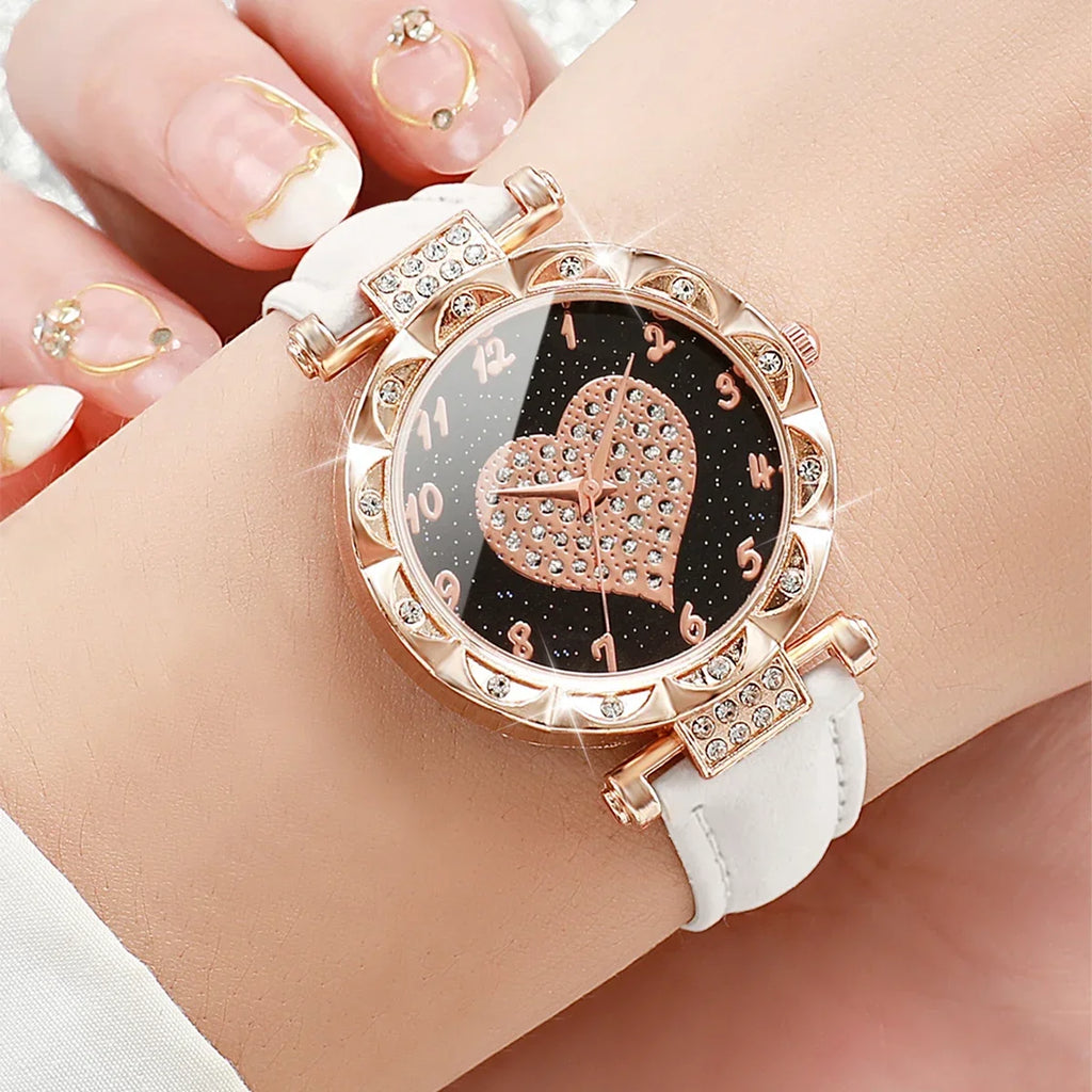 Elegant Heart Dial Watch Set: Sparkling Style with Rhinestone Accents