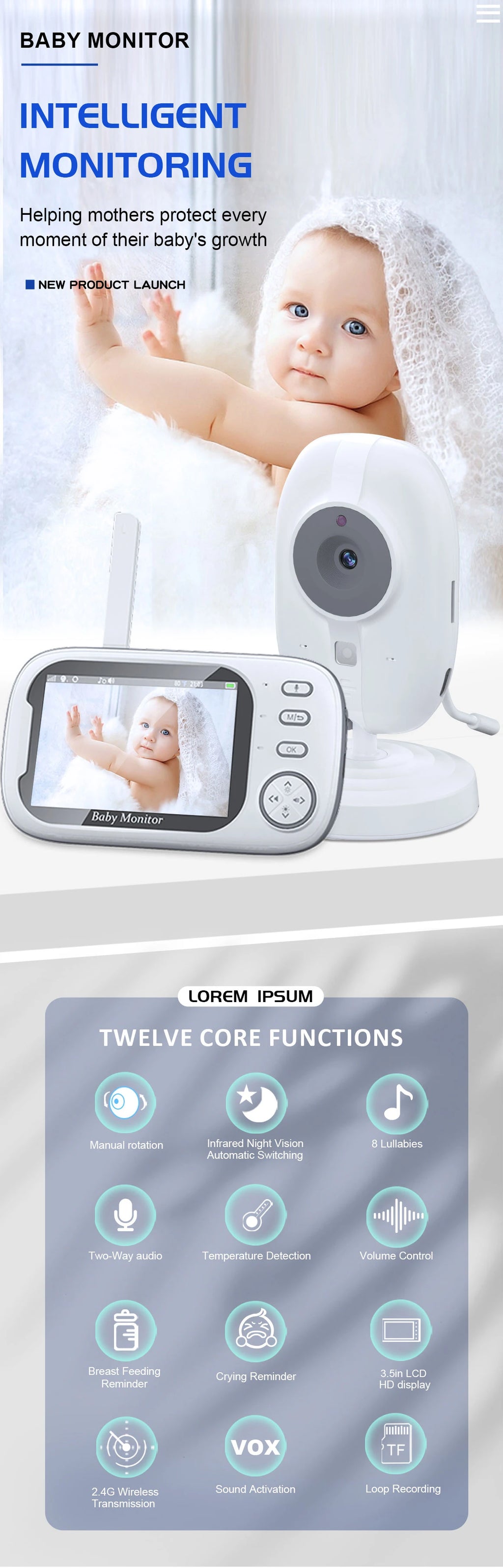 Wireless Baby Monitor: 3.5 Inch Screen with Night Vision & Two-Way Audio