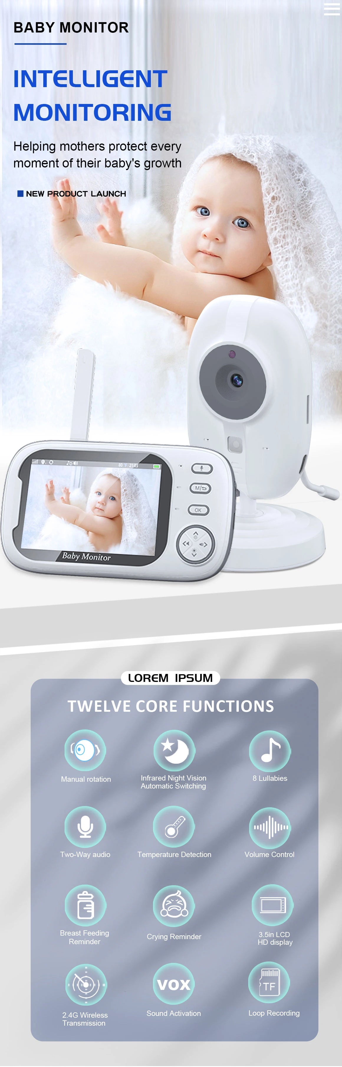 Wireless Baby Monitor: 3.5 Inch Screen with Night Vision & Two-Way Audio