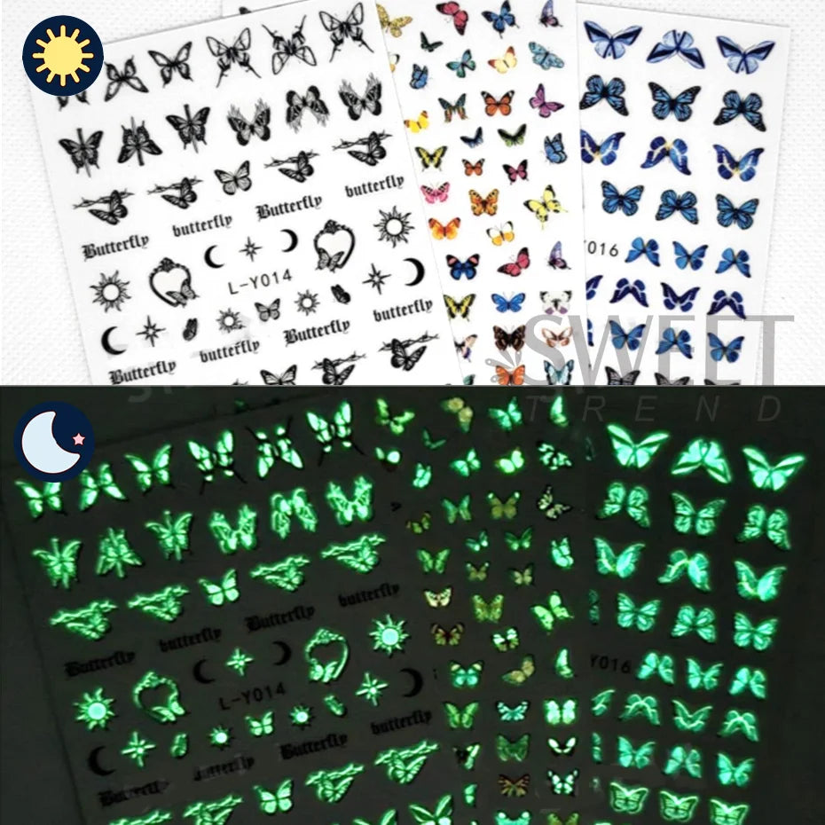 Glow-In-The-Dark Nail Decals: 3pcs Butterfly Design for Creative Manicures