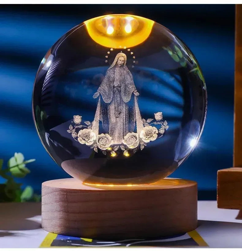 Illuminated Jesus and Virgin Mary Crystal Ball Set with Cross for Devotion rosarios catolicos  jesus christ