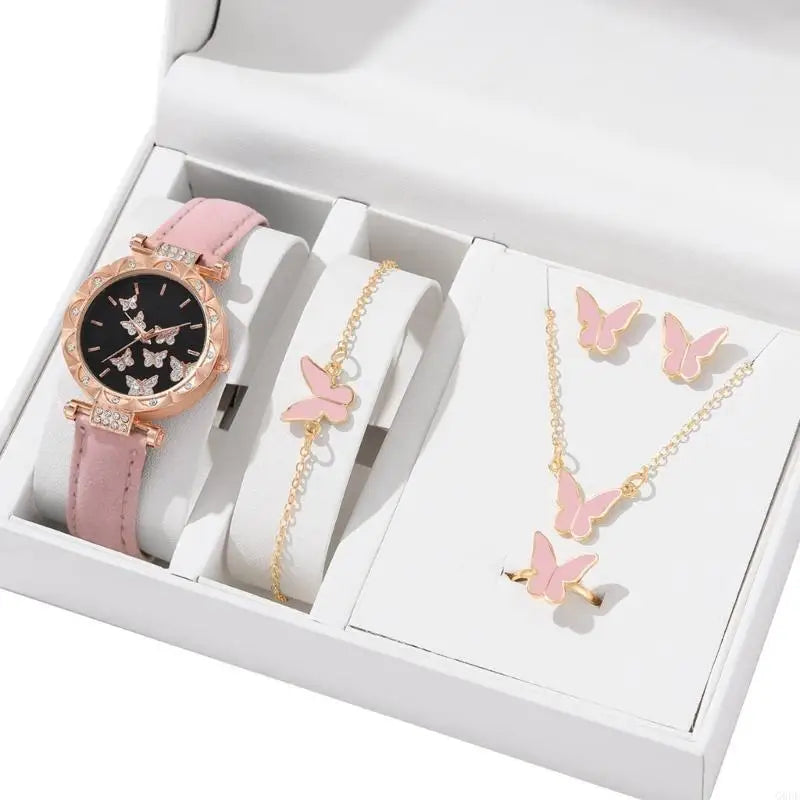 Glamorous Accessory Set: 5-Piece Women’s Luxury Watch and Jewelry Collection