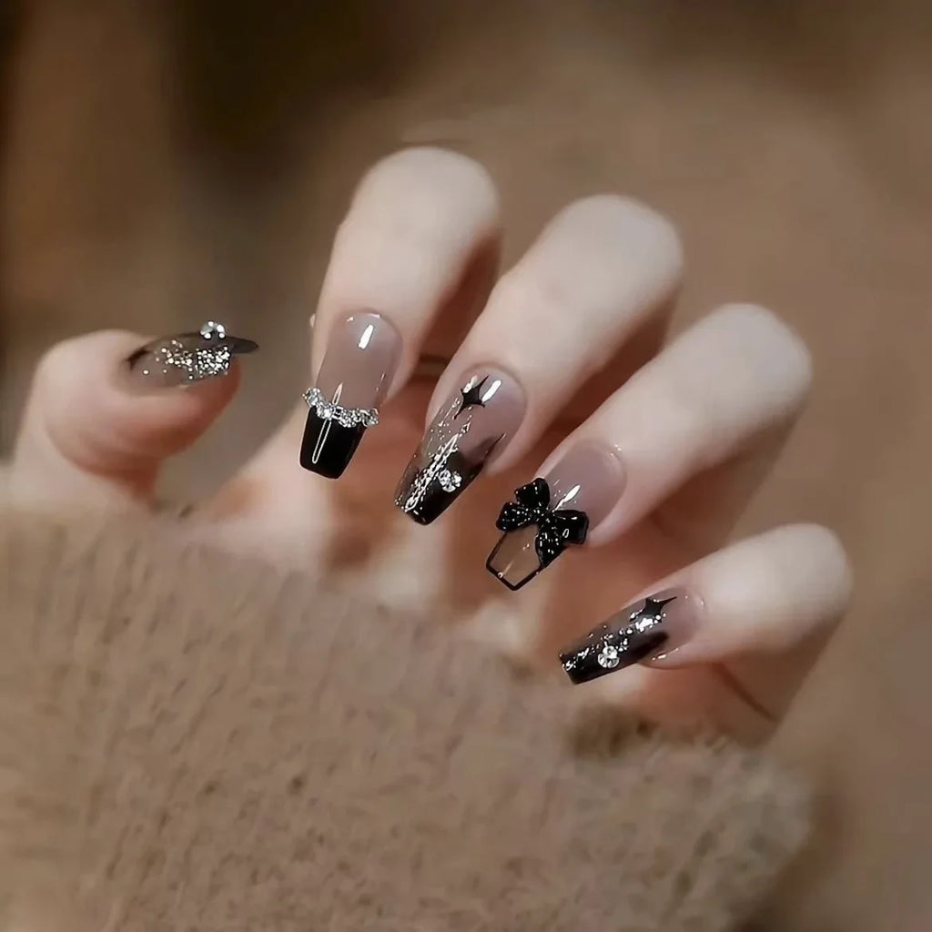 Spellbinding Nail Art: 24PCS Dark Wind Gradient Fake Nails Adorned with Mystical Bows