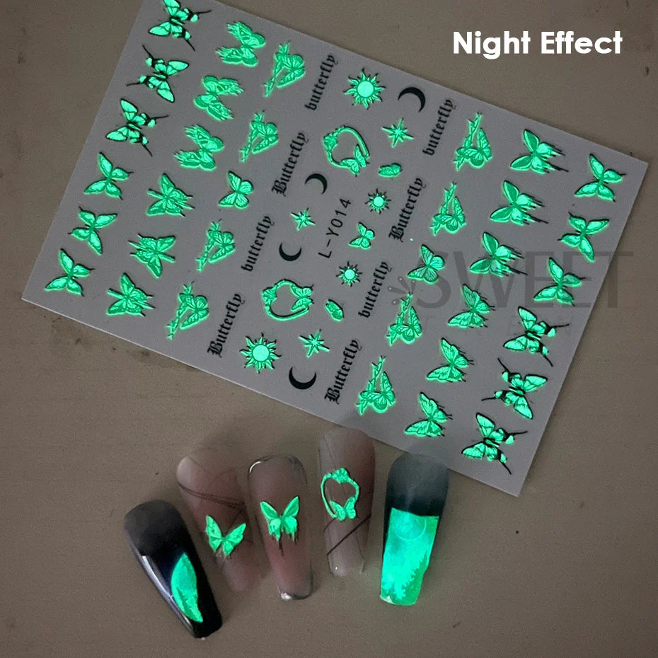 Glow-In-The-Dark Nail Decals: 3pcs Butterfly Design for Creative Manicures