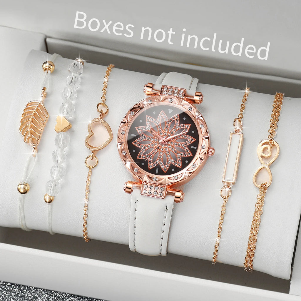 Charming Heart Dial Watch Set: Casual Elegance with Leaf Bracelets