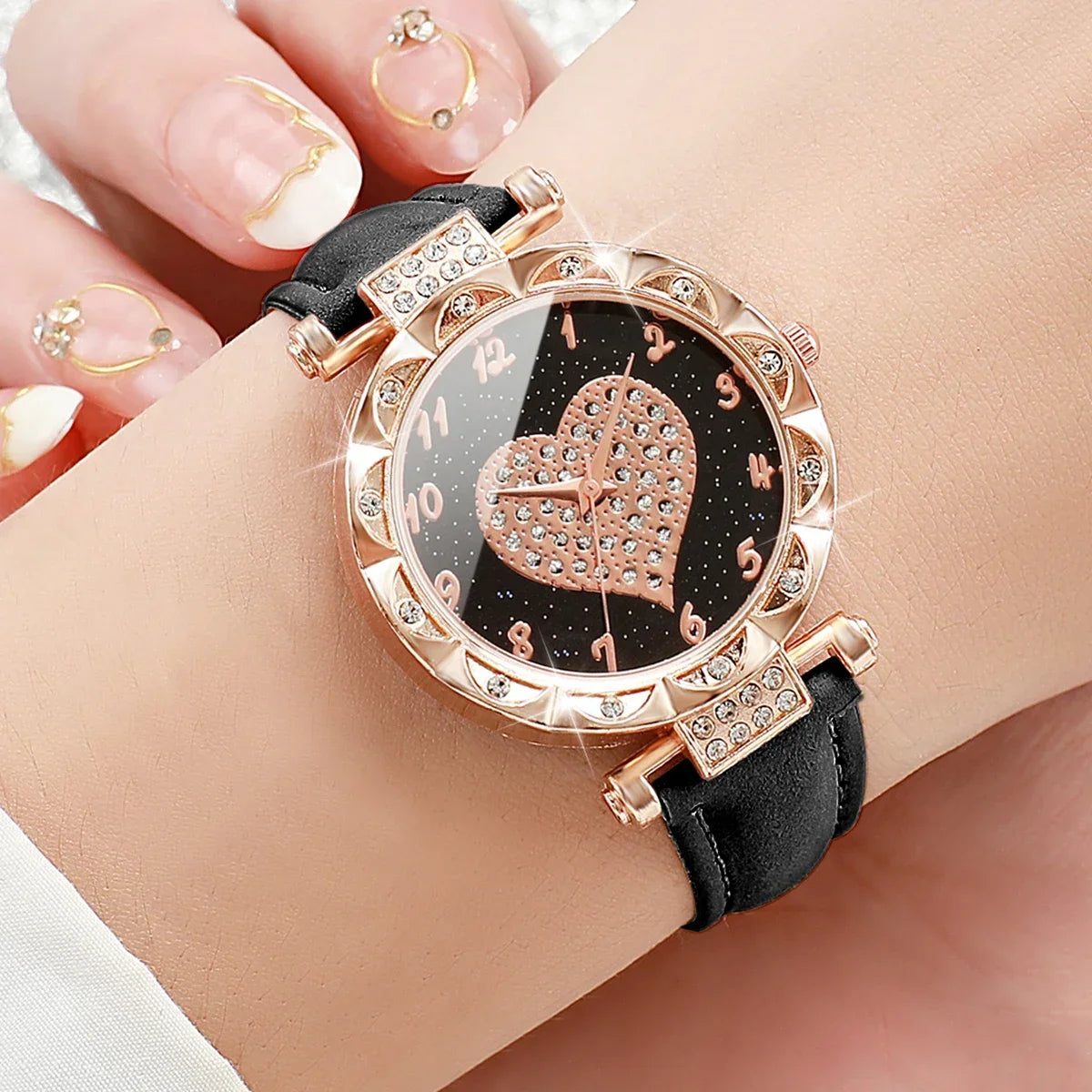 Elegant Heart Dial Watch Set: Sparkling Style with Rhinestone Accents
