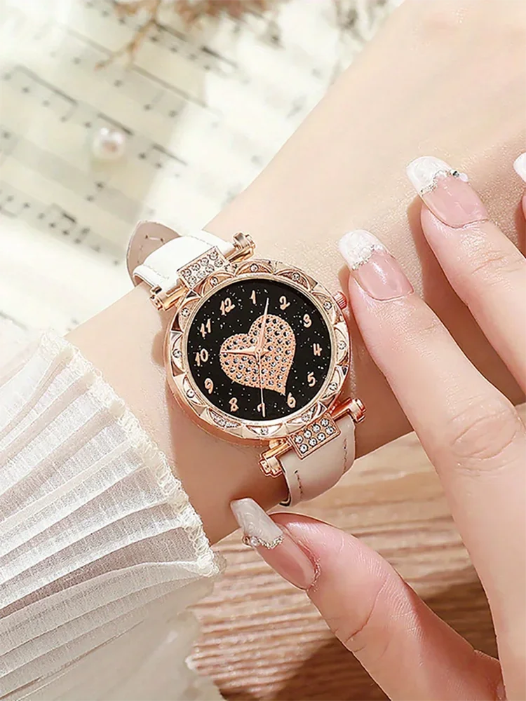 Elegant Heart Dial Watch Set: Sparkling Style with Rhinestone Accents