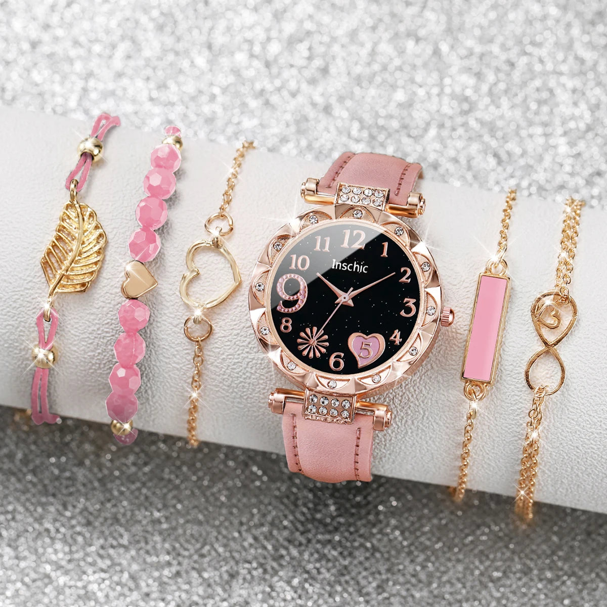 Charming Heart Dial Watch Set: Casual Elegance with Leaf Bracelets